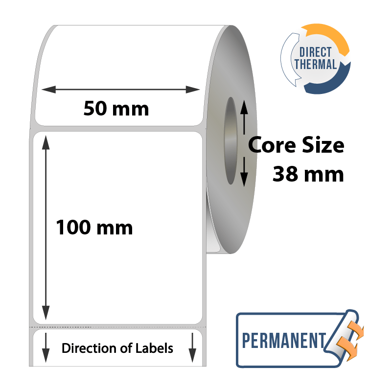 Zebra Direct Thermal Labels - 50mm x 100mm x 38mm - 500x Labels Per Roll
