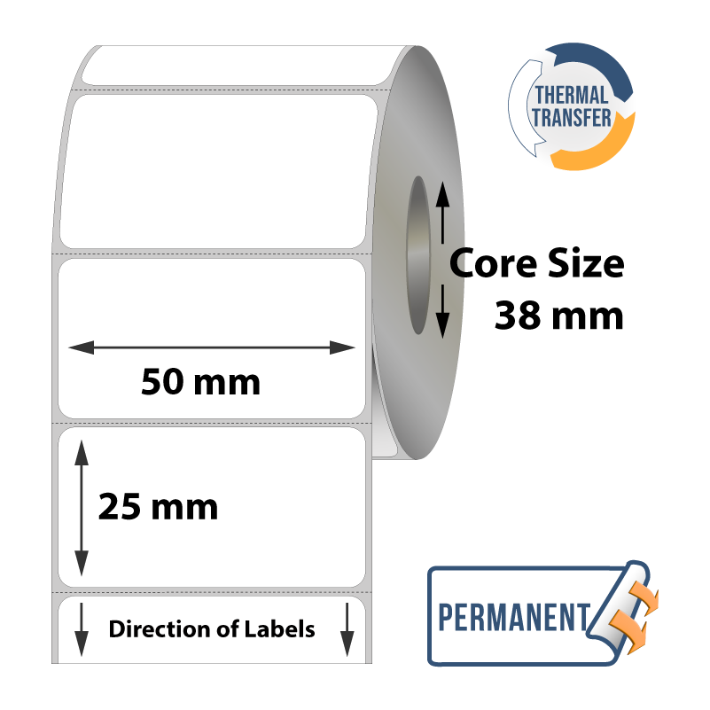 Thermal Transfer Labels - 50mm x 25mm x 38mm - 2000x Labels Per Roll