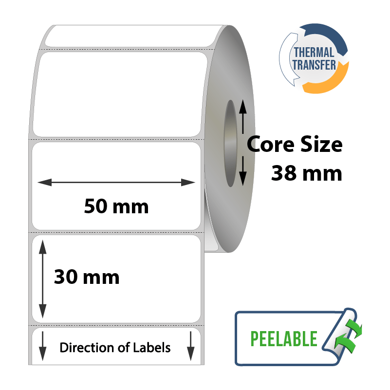 Thermal Transfer Labels - 50mm x 30mm x 38mm - 1000x Labels Per Roll