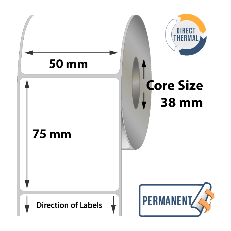 Zebra Direct Thermal Labels - 50mm x 75mm x 38mm - 500x Labels Per Roll