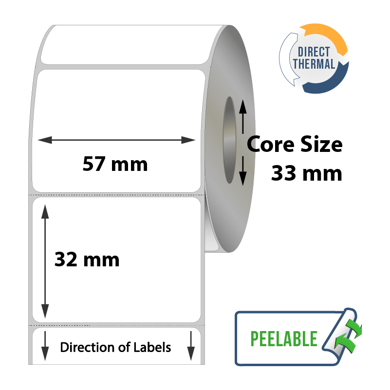 Zebra Direct Thermal Labels - 57mm x 32mm x 33mm - 1000x Labels Per Roll