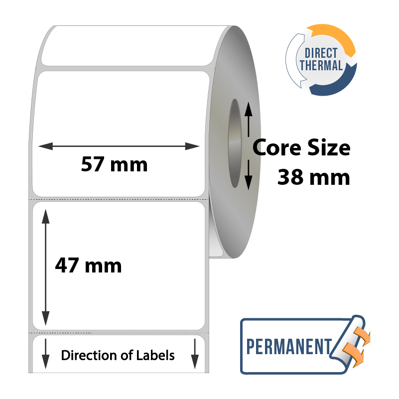 Direct Thermal Labels - 57mm x 47mm x 38mm - 1000x Labels Per Roll Direct Thermal Labels - 57mm x 47mm x 38mm - 1000x Labels Per Roll