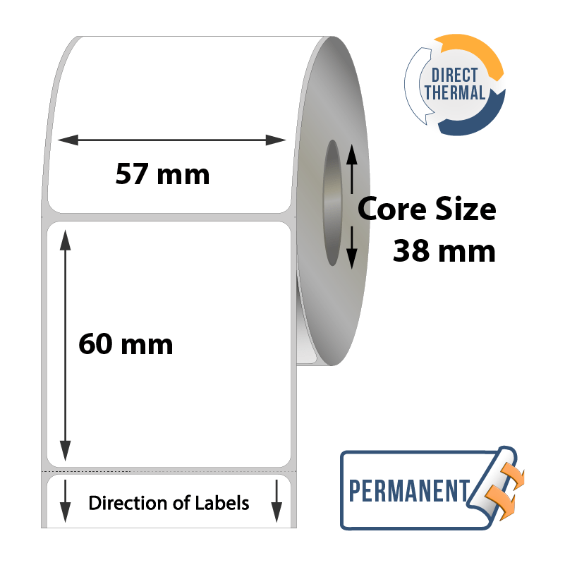 Zebra Direct Thermal Labels - 57mm x 60mm x 38mm - 700x labels Per Roll