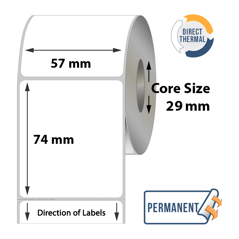 Direct Thermal Labels - 57mm x 74mm x 29mm - 930x Labels Per Roll