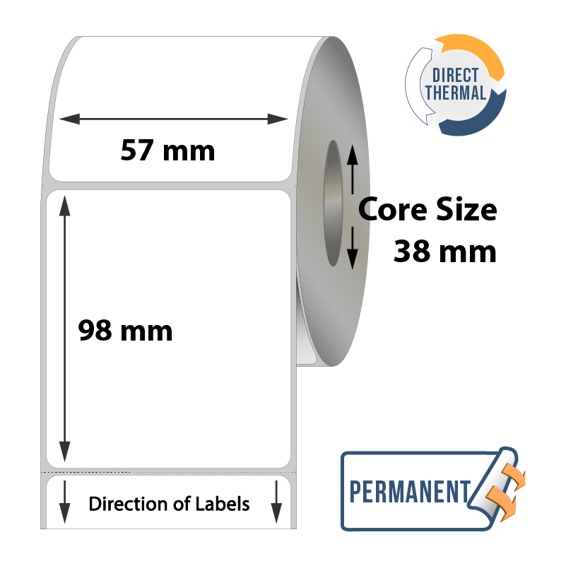 Direct Thermal Labels - 57mm x 98mm x 38mm - 500 Labels Per Roll