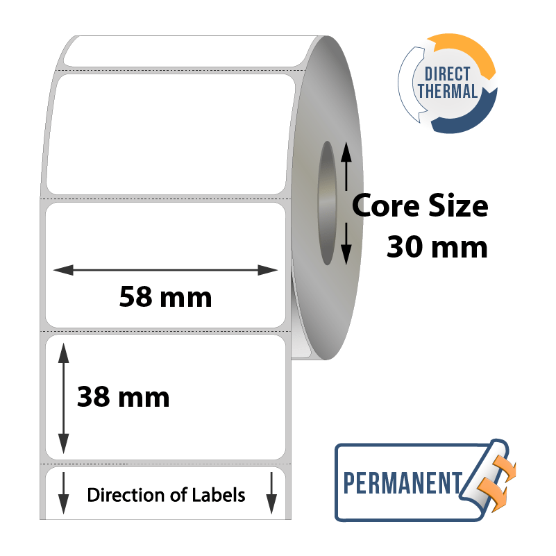 Direct Thermal Labels - 58mm x 38mm x 30mm - 600x labels Per Roll