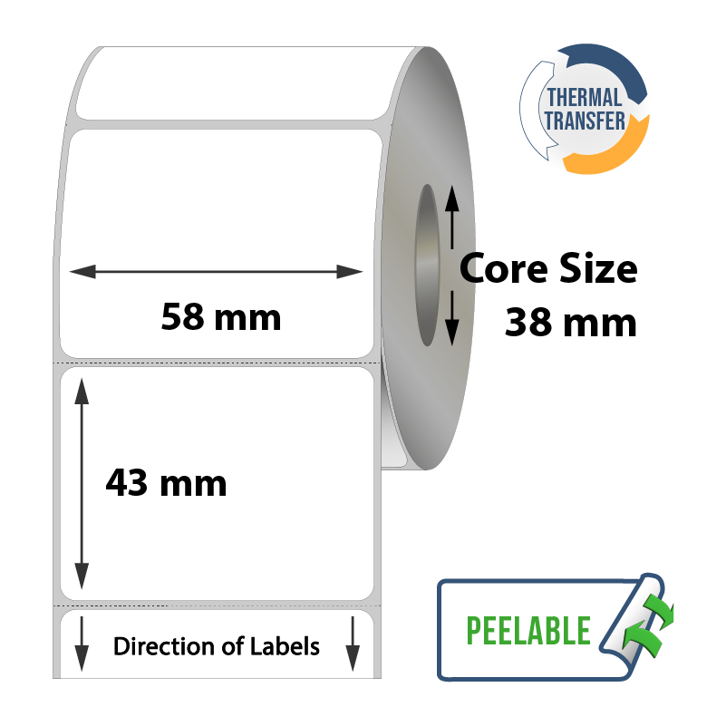 Thermal Transfer Labels - 58mm x 38mm x 38mm  - 1000x Labels Per Roll