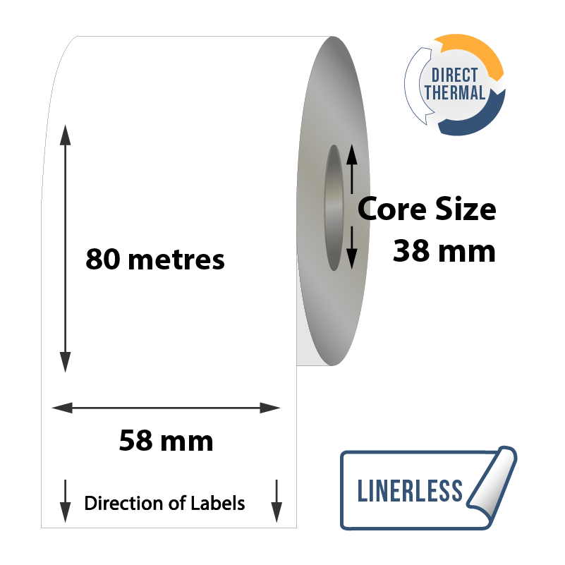 Zebra Direct Thermal Linerless Label - 58mm x 80Meters x 38mm- 1x Label Per Roll