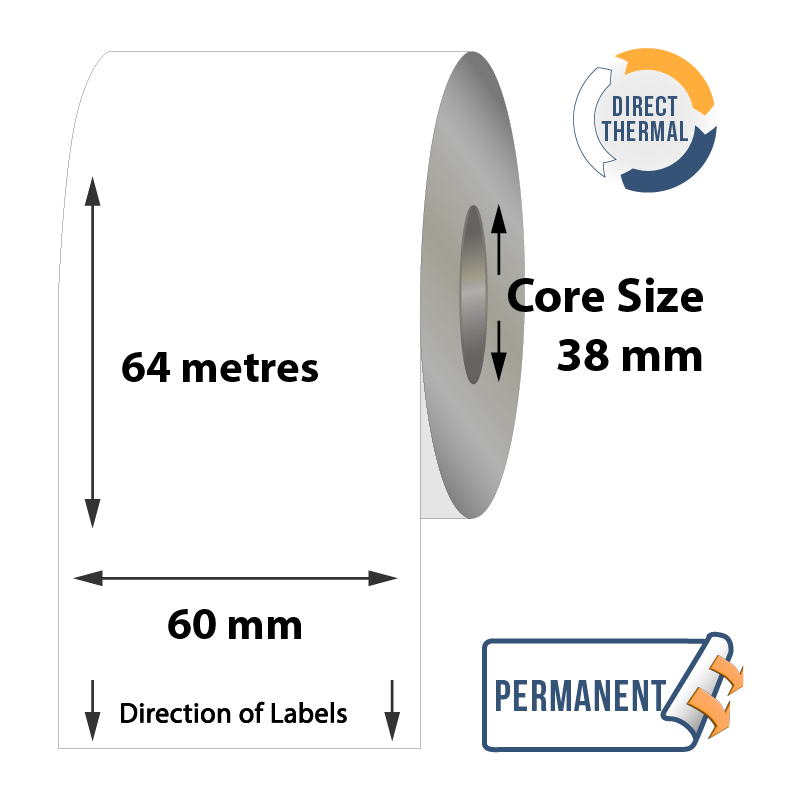 Direct Thermal Continuous Label - 60mm x 64Metres x 38mm - 1x Label Per Roll Direct Thermal Continuous Label - 60mm x 64Metres x 38mm - 1x Label Per Roll