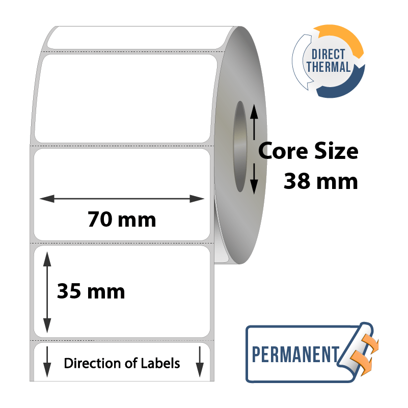 Zebra Direct Thermal Labels - 70mm x 35mm x 38mm - 1,000 Labels Per Roll