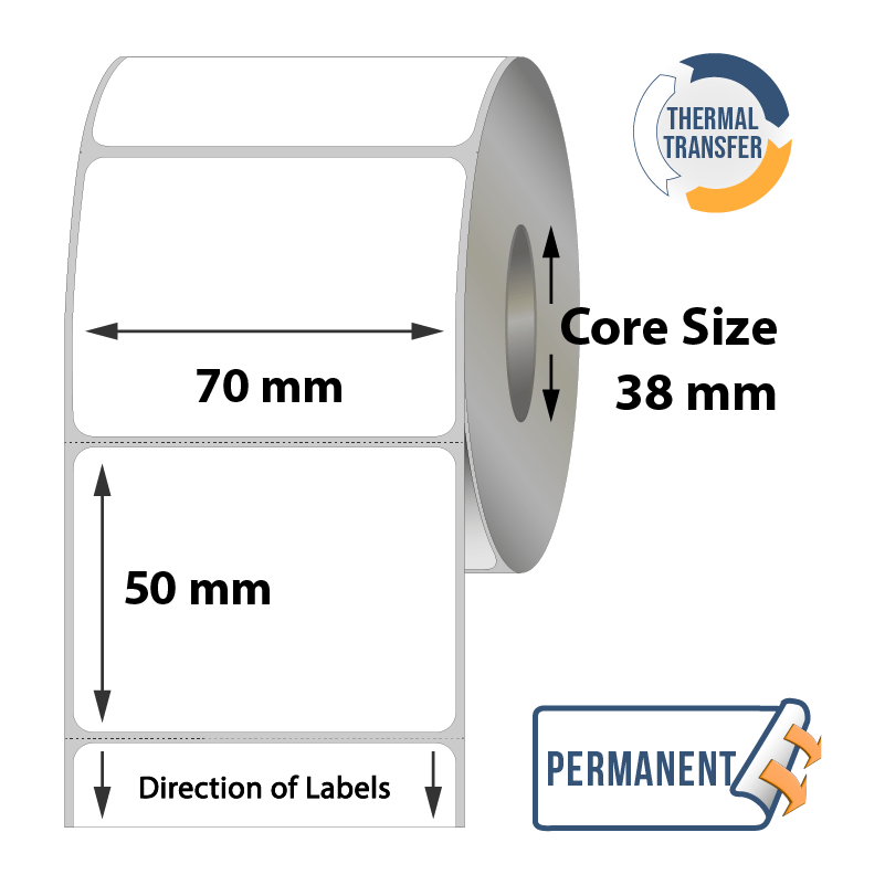 Direct Thermal Labels - 70mm x 50mm x 38mm - 1,000 Labels Per Roll