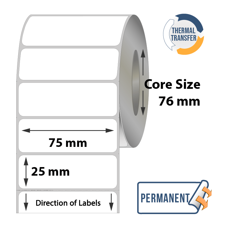 Thermal Transfer Labels - 75mm x 25mm x 76mm - 5000x Labels Per Roll