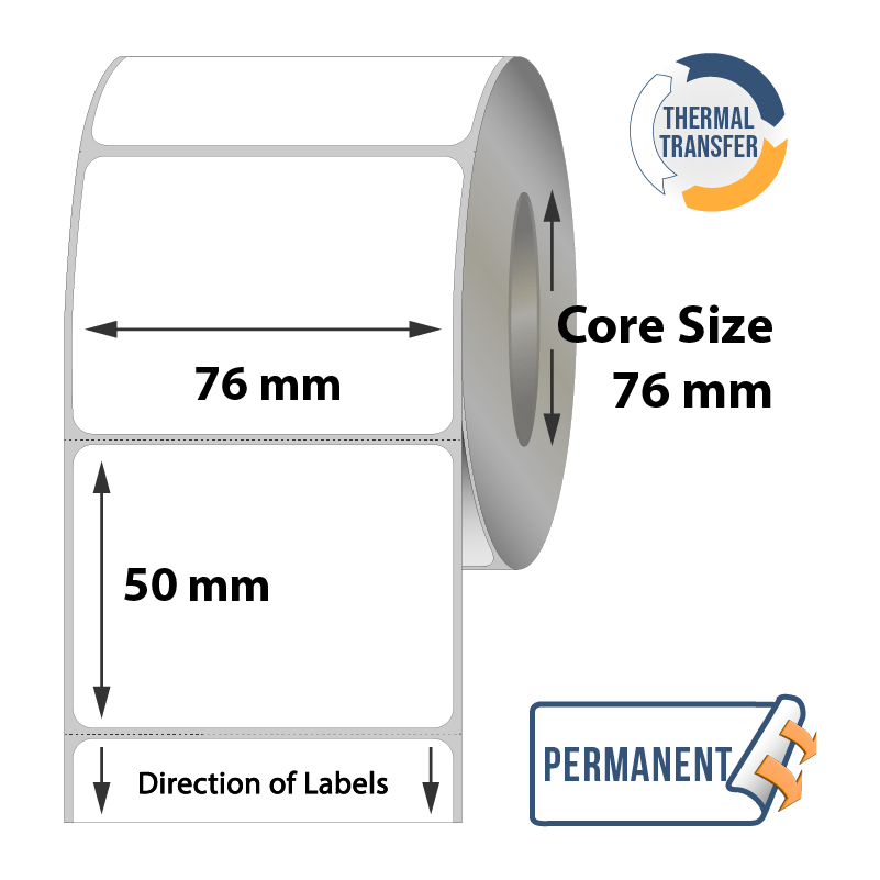 Thermal Transfer Labels - 76mm x 50mm x 76mm - 2500x Labels Per Roll