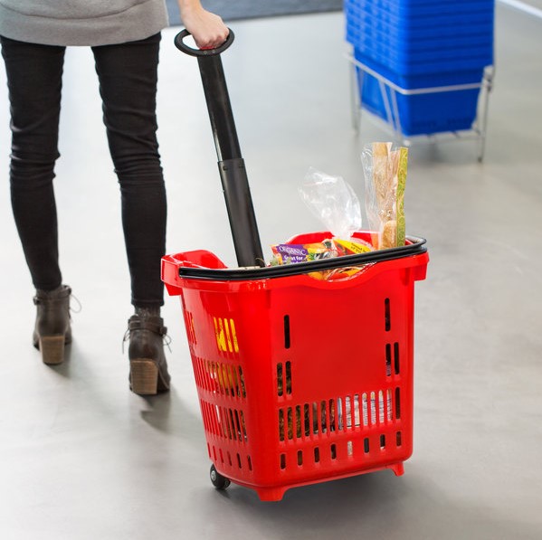 Blue Plastic Shopping Basket on Wheels 43Litre - 1x Per Pack