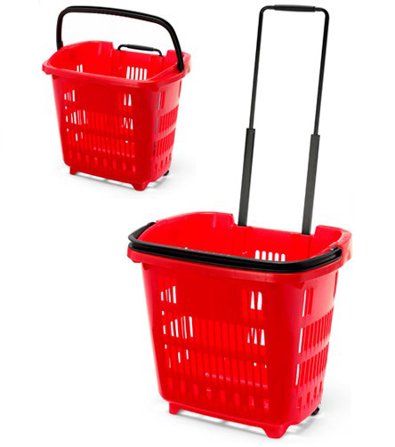 Red Plastic Shopping Basket on Wheels 43Litre - 1x Per Pack