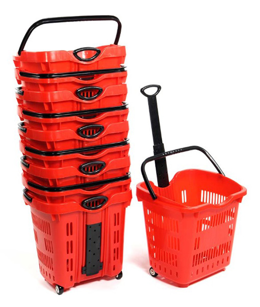 Red Plastic Shopping Basket on Wheels 43Litre - 1x Per Pack