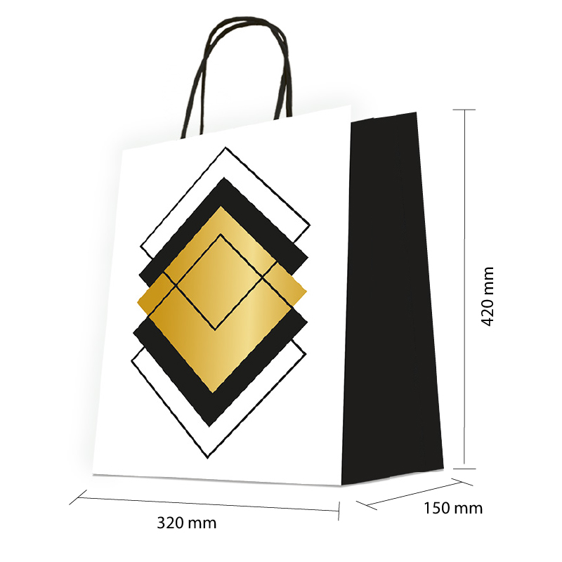 Luxury Gift Bag with Rope Handle - Black & Gold Squares - Extra Large Size - 50x Per Pack