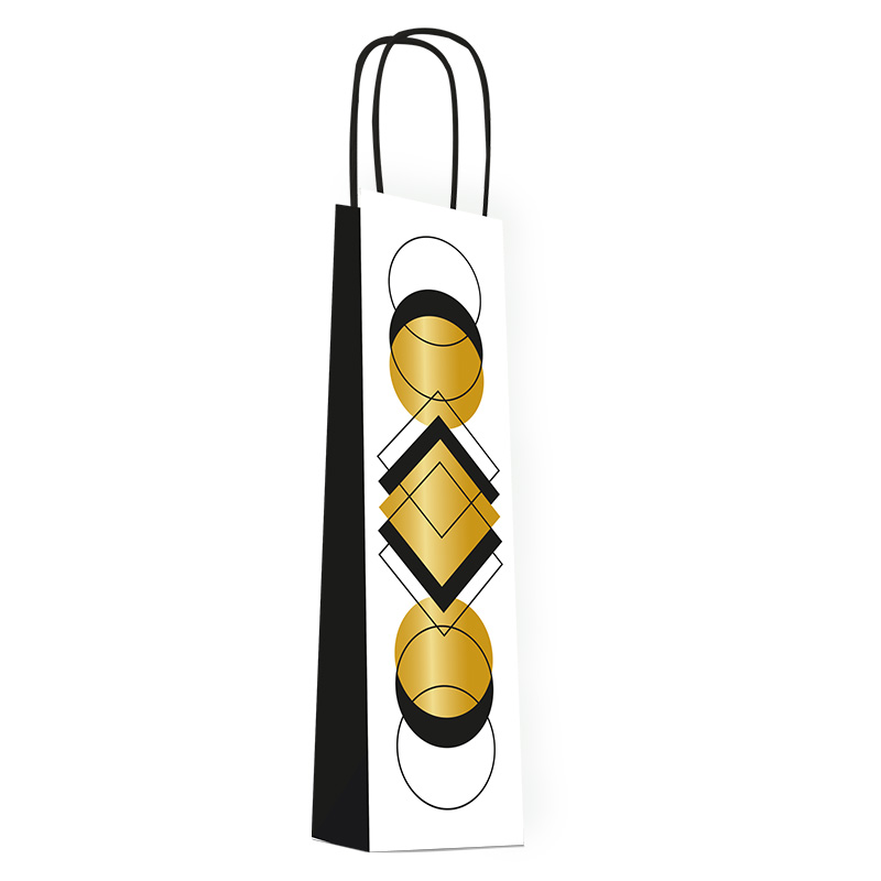 Luxury Bottle Bag with Rope Handle - Black & Gold Squares - 50x Per Pack
