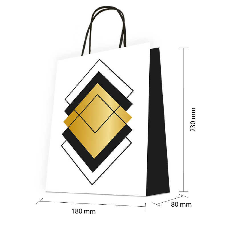 Luxury Gift Bag with Rope Handle - Black & Gold Squares - Medium Size - 50x Per Pack