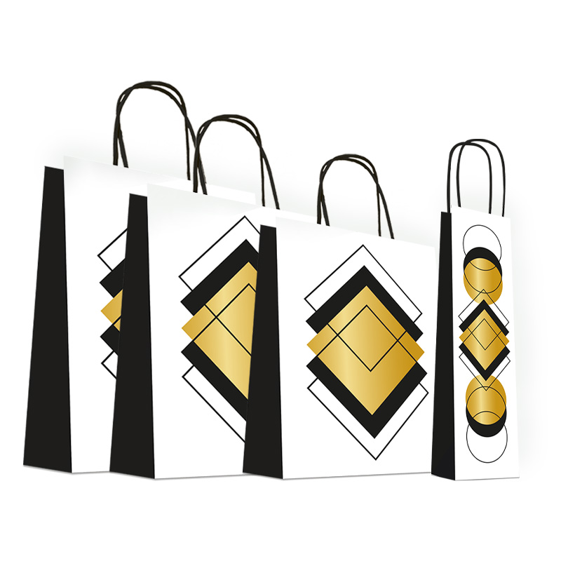 Luxury Gift Bag with Rope Handle - Black & Gold Squares - Large Size - 50x Per Pack
