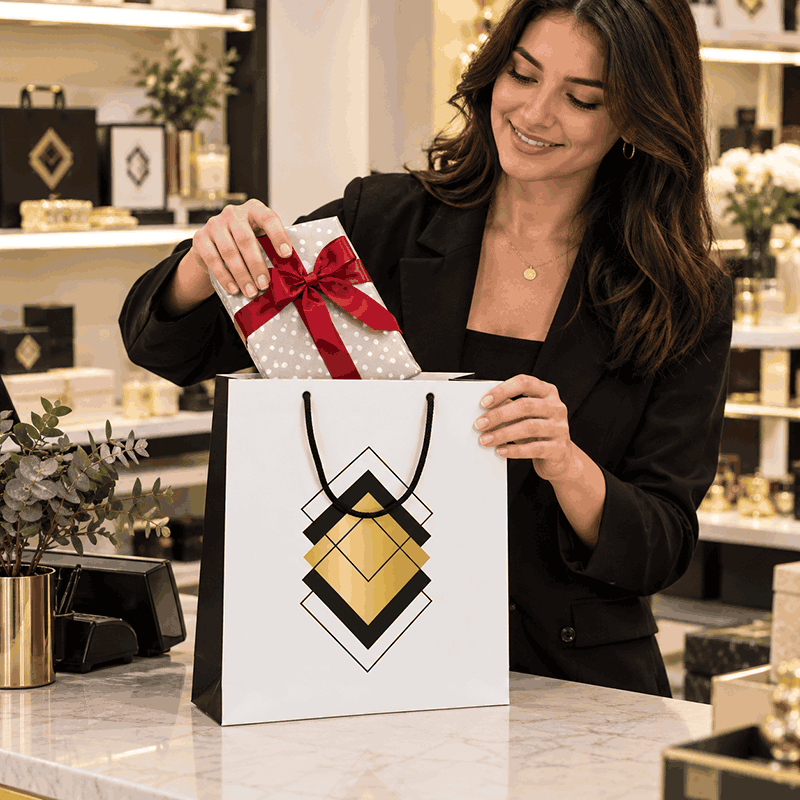 Luxury Gift Bag with Rope Handle - Black & Gold Squares - Large Size - 50x Per Pack