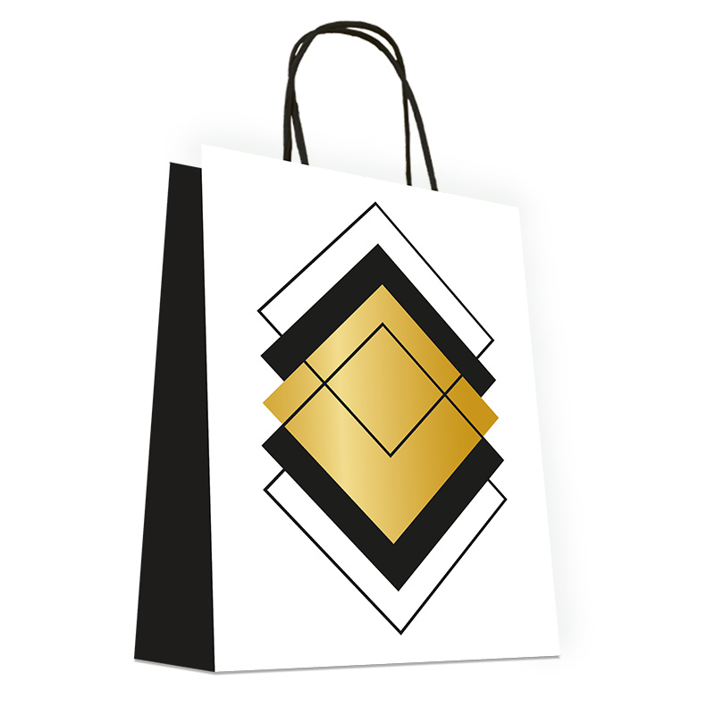 Luxury Gift Bag with Rope Handle - Black & Gold Squares - Large Size - 50x Per Pack