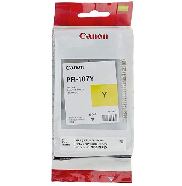 Canon PFI-107Y Yellow Ink Cartridge - 130ml (Dye Ink) - 1x Per Pack