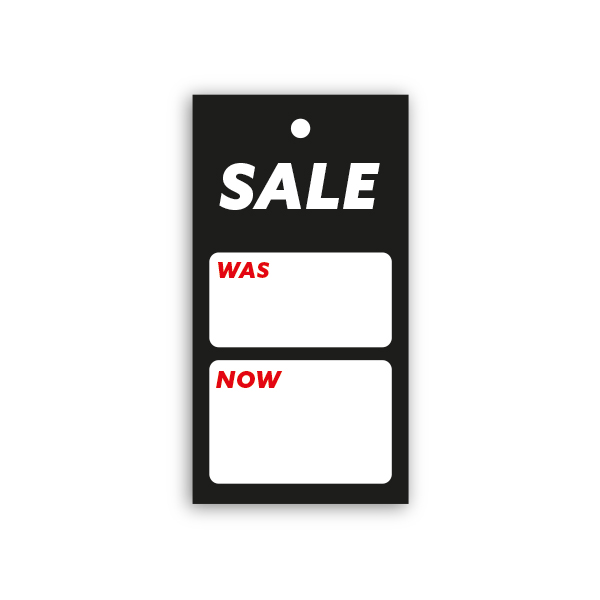Strung Pricing Tags Black - Sale Was/Now  45mm x 85mm - 100 Per Pack