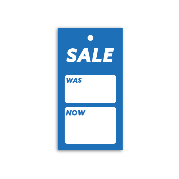 Strung Pricing Tags Blue - Sale Was/Now  45mm x 85mm - 100 Per Pack