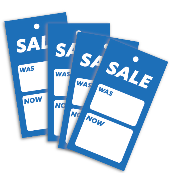 Strung Pricing Tags Blue - Sale Was/Now  45mm x 85mm - 100 Per Pack