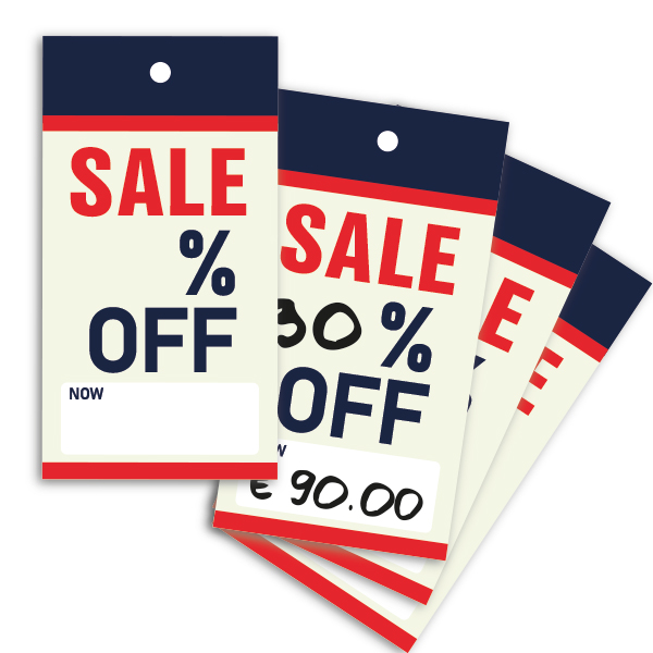Strung Pricing Tags - Sale 45mm x 85mm - 100 Per Pack