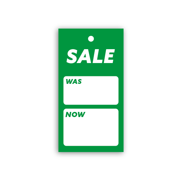 Strung Pricing Tags Green - Sale Was/Now  45mm x 85mm - 100 Per Pack