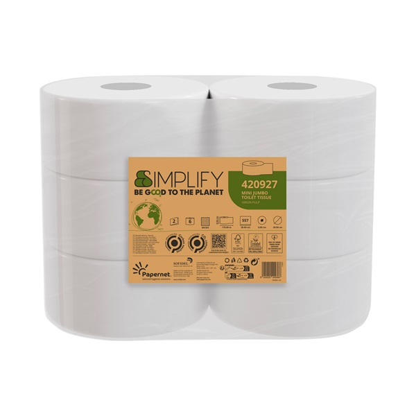 Simplify Eco 2Ply Mini Jumbo Toilet Rolls 86mm x 170m - 6x Rolls Per Pack