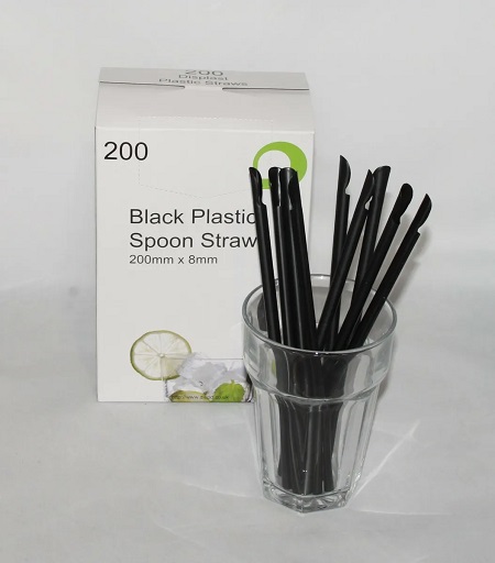 PP Straws Black Spoon Like  - 8mm x 200mm - 200x Per Pack