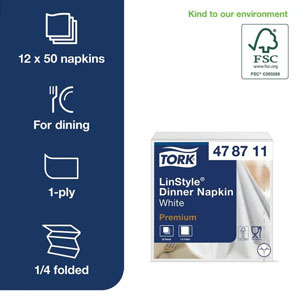 Tork White Linen Style Dinner Napkins 4 Fold - 50 Per Pack