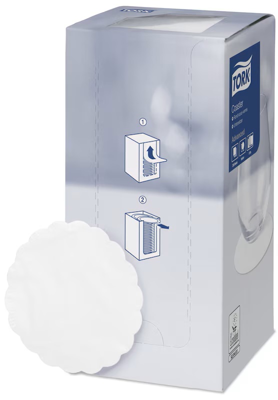 Tork Coasters Round Scalloped Paper White - 250x Per Pack Tork Coasters Round Scalloped Paper White - 250x Per Pack