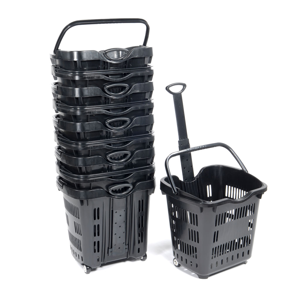 Black Plastic Shopping Basket on Wheels 43Litre - 1x Per Pack