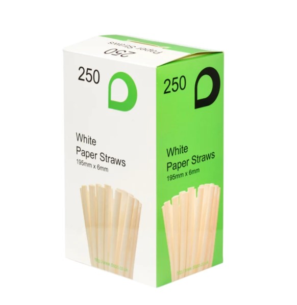 Paper Straws White - 6mm x 195mm - 250x Per Pack