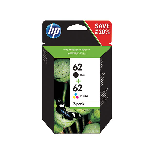 HP 62 Ink Carts 2-PkBlk/Tri Col CMY