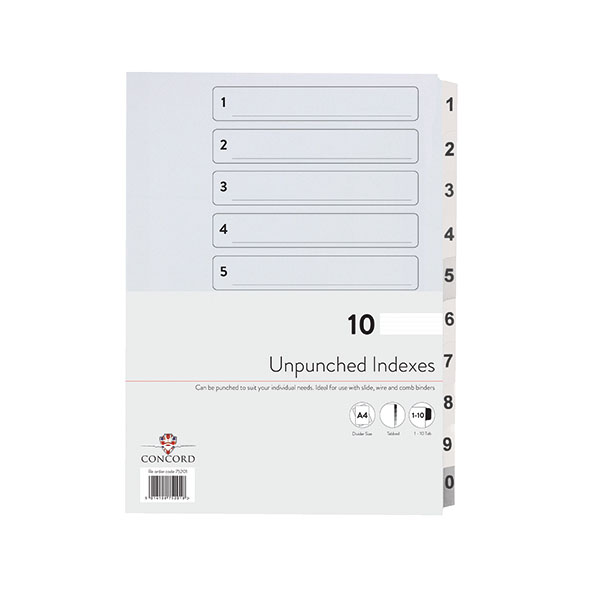 Concord Upchd Index 1-10 A4 Wht Pk10