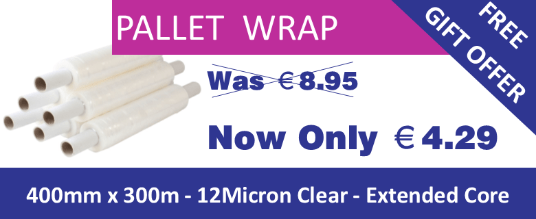 Pallet Wrap 400mm x 300m - 12mic Extended Core Clear - Price Was €6.59 Now Only €3.98 per roll - Buy 2 packs Today & Receive your Free Gift
